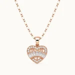 Divayra Rose Gold Heart Pendant Necklace with Baguette and Round Cubic Zirconia Stones for Women