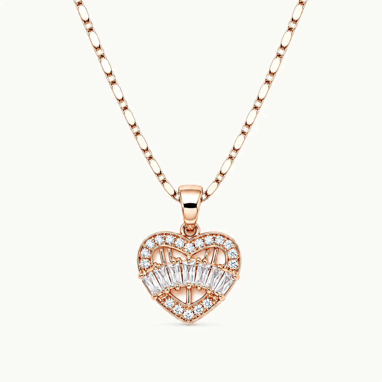 Divayra Rose Gold Heart Pendant Necklace with Baguette and Round Cubic Zirconia Stones for Women