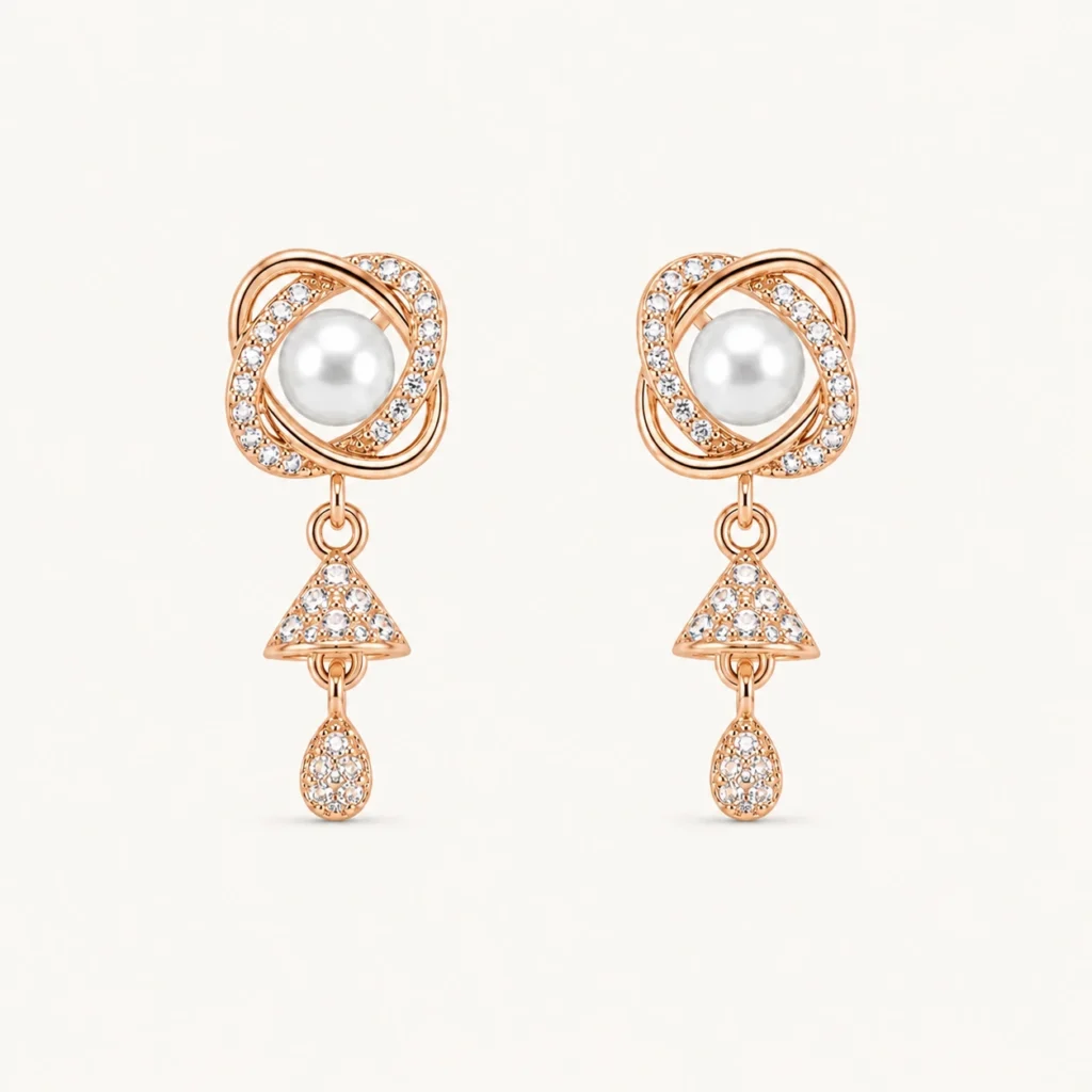 Divayra Rose Gold Pearl Drop Earrings with Cubic Zirconia and Elegant Pearl Center for Women