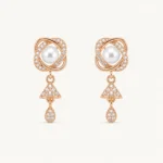 Divayra Rose Gold Pearl Drop Earrings with Cubic Zirconia and Elegant Pearl Center for Women