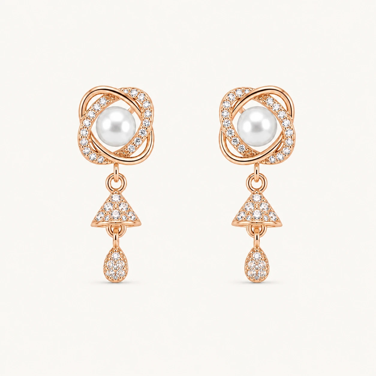 Divayra Rose Gold Pearl Drop Earrings with Cubic Zirconia and Elegant Pearl Center for Women