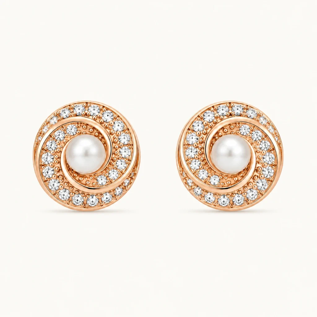 Divayra Rose Gold Pearl Halo Earrings with Cubic Zirconia and Pearl Center for Women