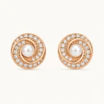 Divayra Rose Gold Pearl Halo Earrings with Cubic Zirconia and Pearl Center for Women