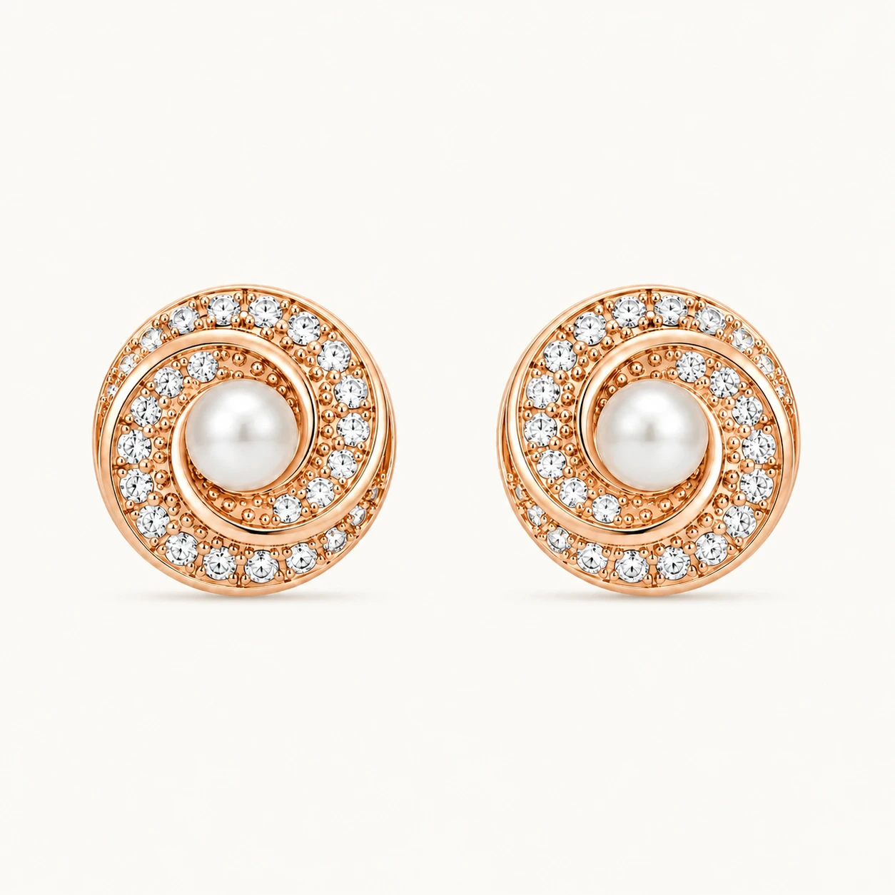 Divayra Rose Gold Pearl Halo Earrings with Cubic Zirconia and Pearl Center for Women
