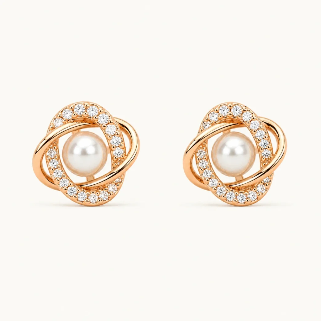 Divayra Rose Gold Pearl Stud Earrings with Cubic Zirconia and Pearl Center for Women