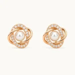 Divayra Rose Gold Pearl Stud Earrings with Cubic Zirconia and Pearl Center for Women