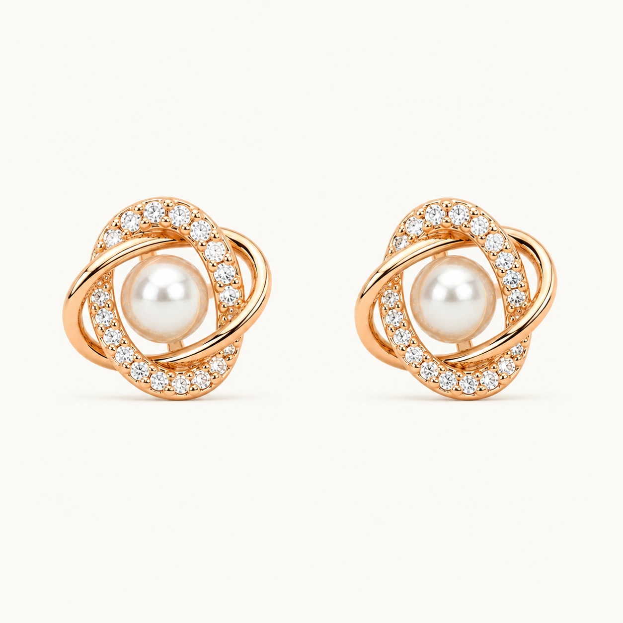 Divayra Rose Gold Pearl Stud Earrings with Cubic Zirconia and Pearl Center for Women