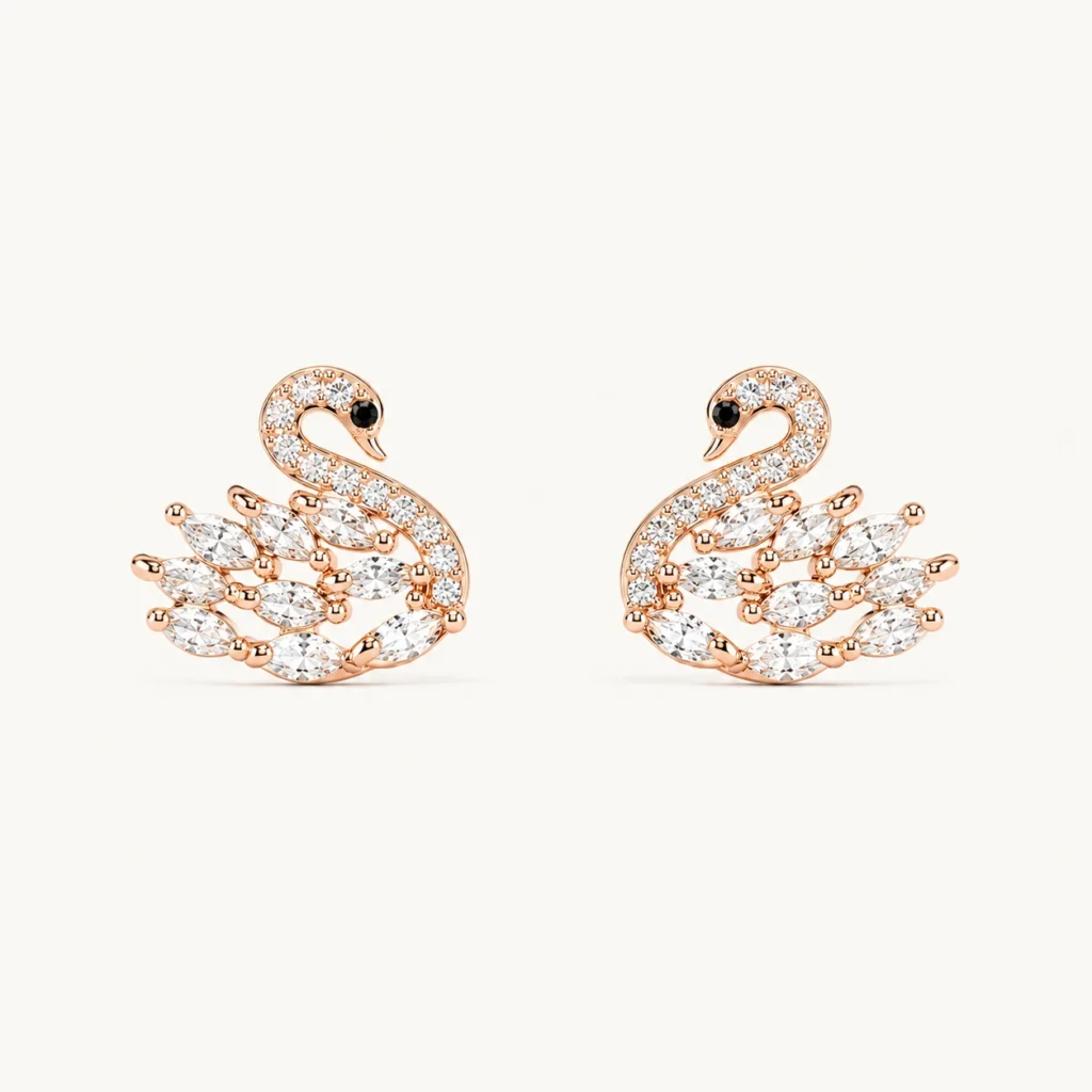Divayra Rose Gold Swan Earrings with Marquise Cut Cubic Zirconia Stones for Women