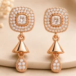 Divayra Rose gold halo drop earrings with cushion cut cubic zirconia and pavé teardrop charm for women