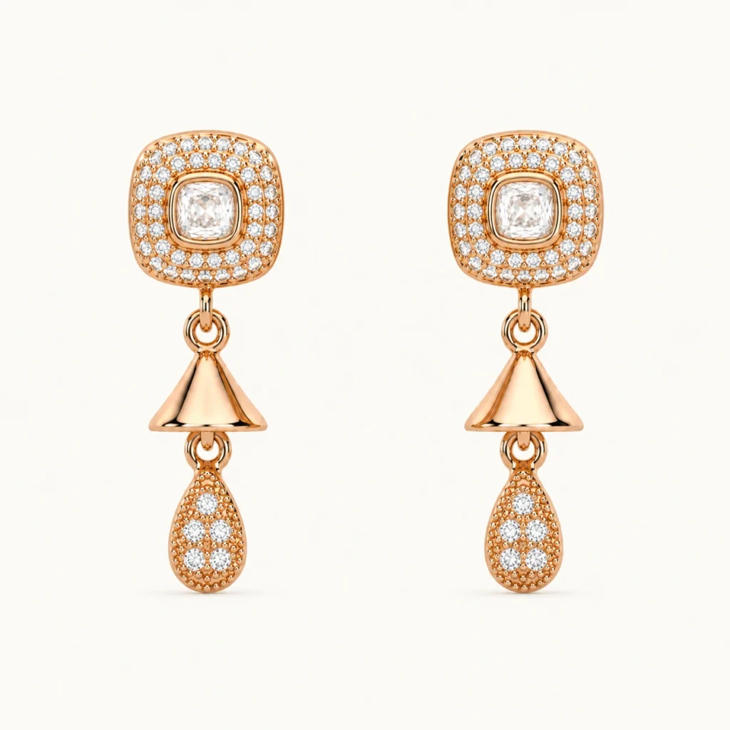 Divayra Rose gold halo drop earrings with cushion cut cubic zirconia and pavé teardrop charm for women