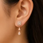 Divayra Rose gold halo drop earrings with cushion cut cubic zirconia and pavé teardrop charm for women