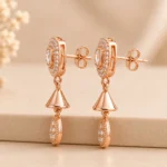 Divayra Rose gold halo drop earrings with cushion cut cubic zirconia and pavé teardrop charm for women