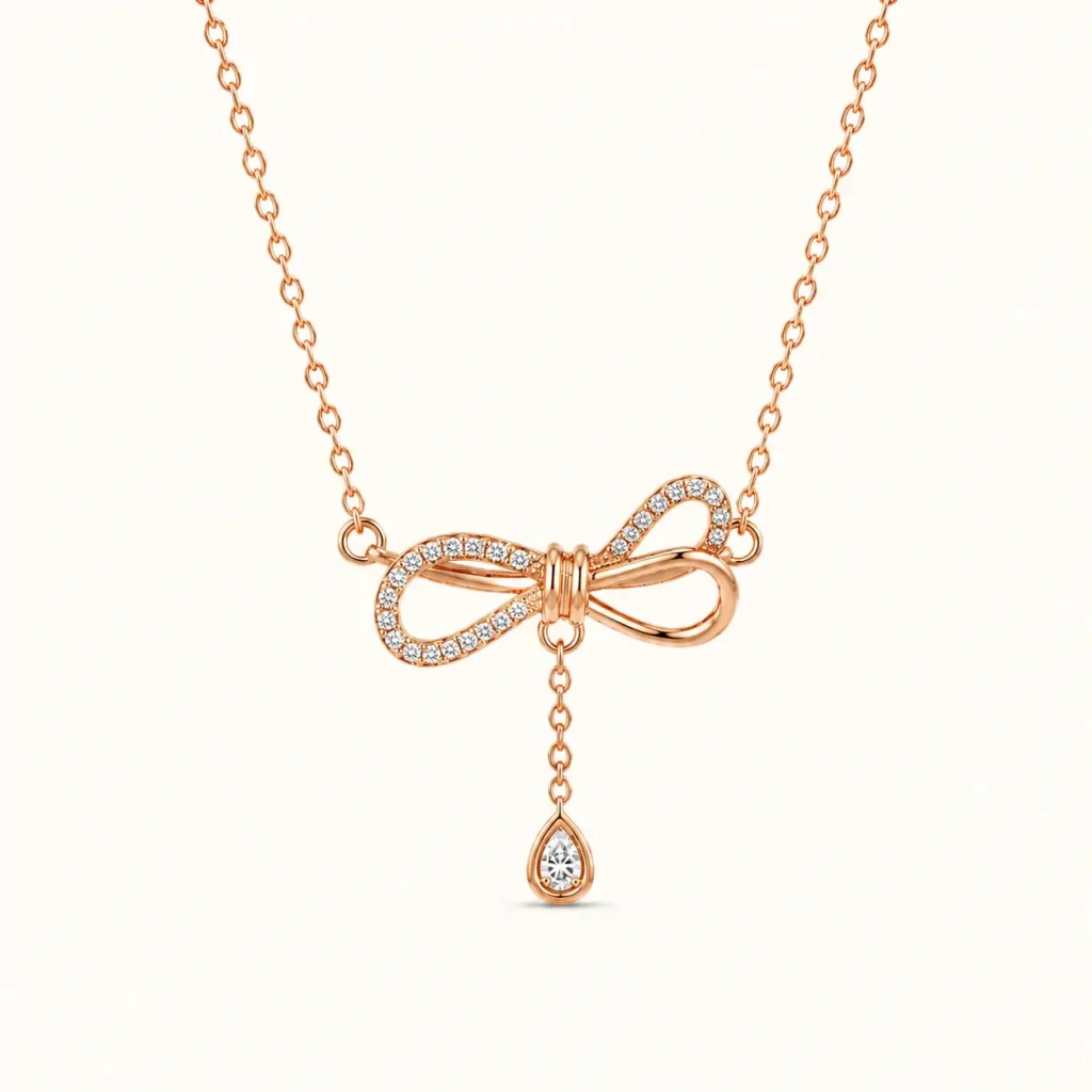 Divayra Zircon Embedded Rose Gold Bow & Teardrop Necklace