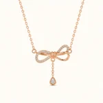 Divayra Zircon Embedded Rose Gold Bow & Teardrop Necklace
