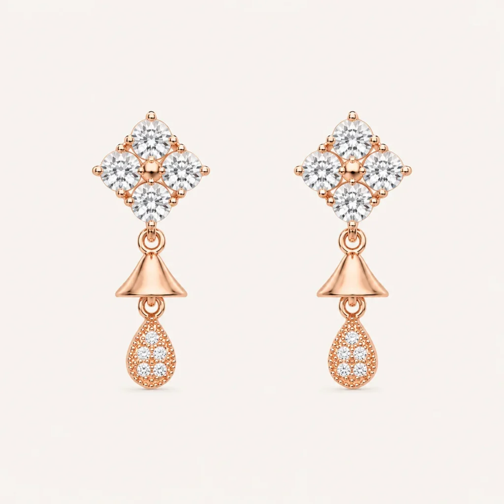 Rose Gold Floral CZ Teardrop Drop Earrings with Brilliant Cubic Zirconia Stones for Women