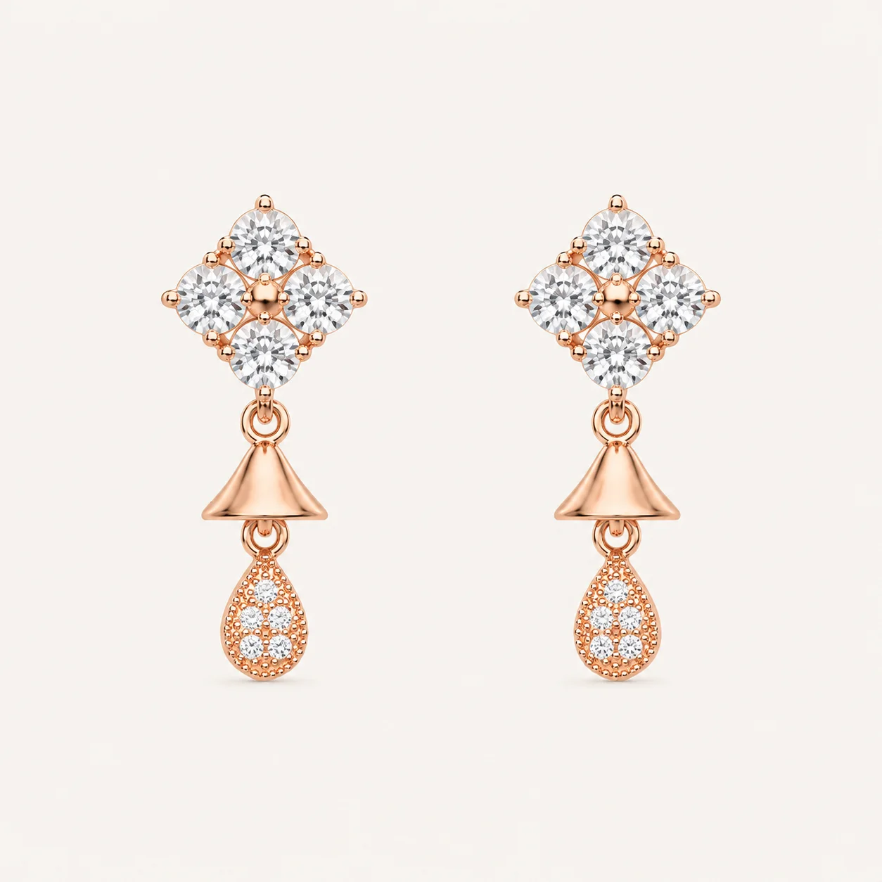 Rose Gold Floral CZ Teardrop Drop Earrings with Brilliant Cubic Zirconia Stones for Women