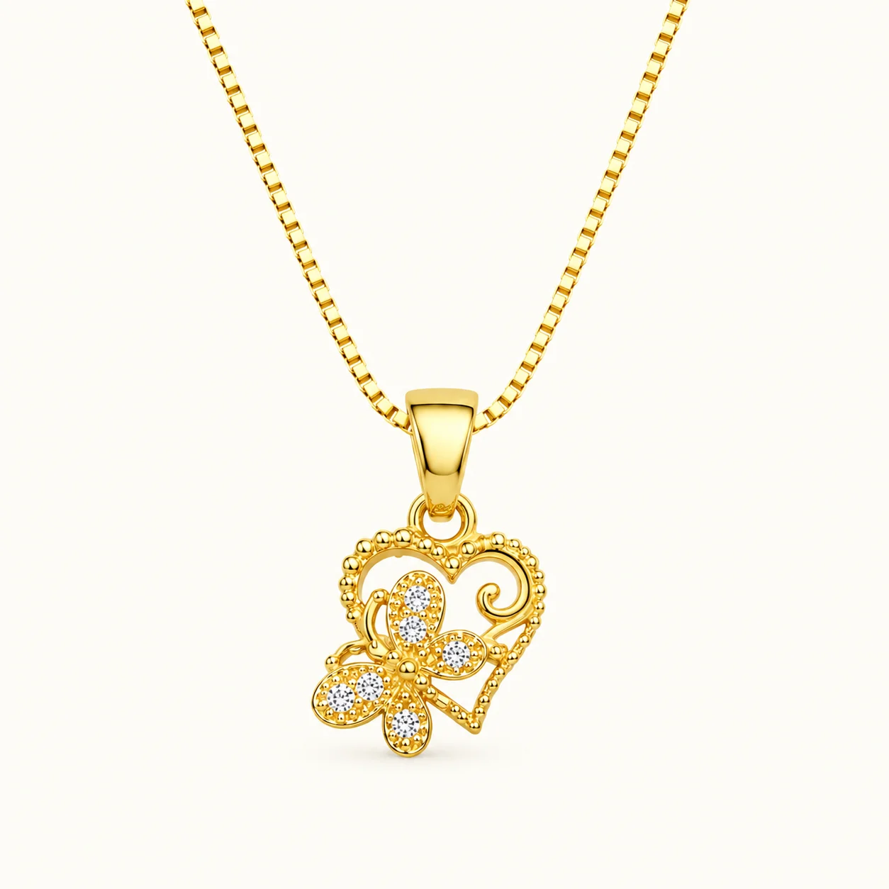 Gold Butterfly Heart Pendant Necklace with Cubic Zirconia Stones for Women