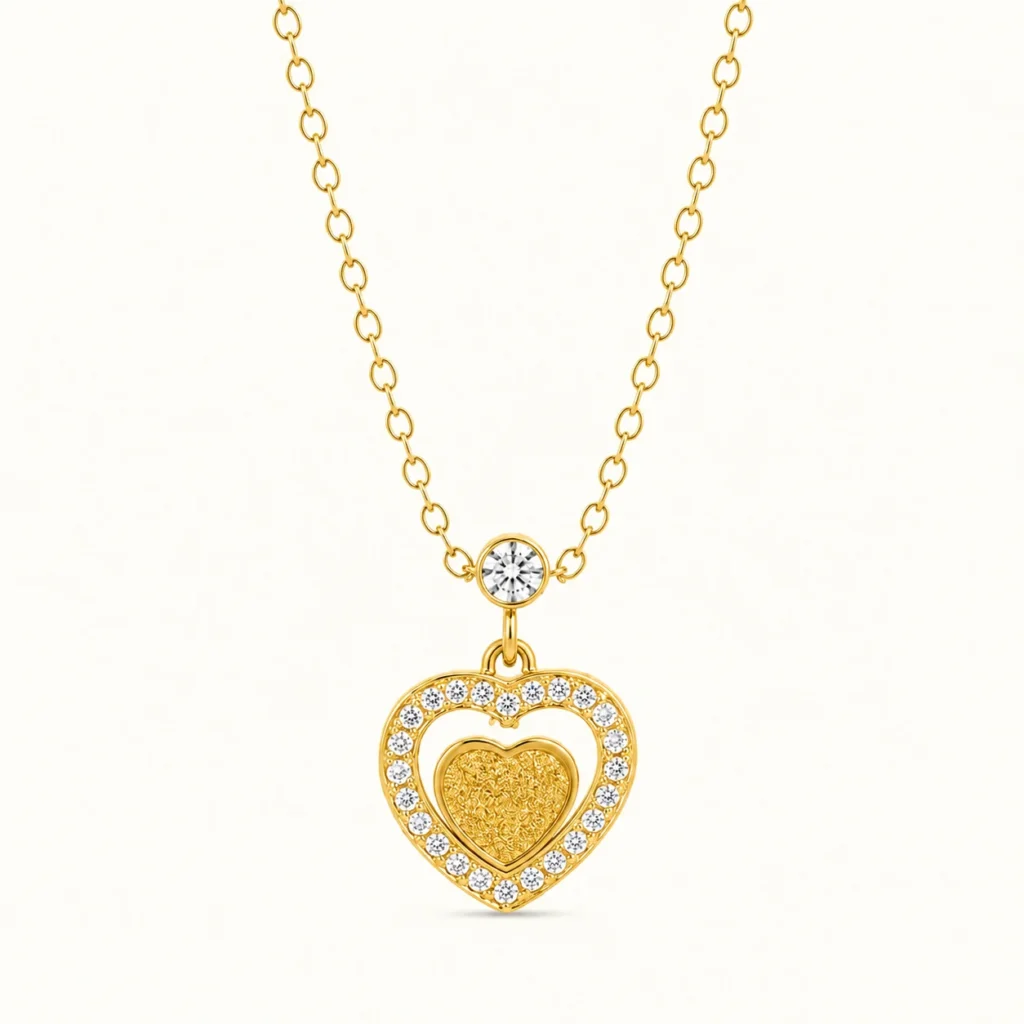 Gold Double Heart Pendant Necklace with cubic zirconia heart halo, textured gold heart center, and bezel-set accent stone