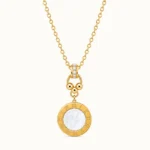 Mother of Pearl Roman Numeral Pendant Necklace in yellow gold featuring a circular Roman numeral frame, mother of pearl center, decorative gold beads, and crystal-accented bail