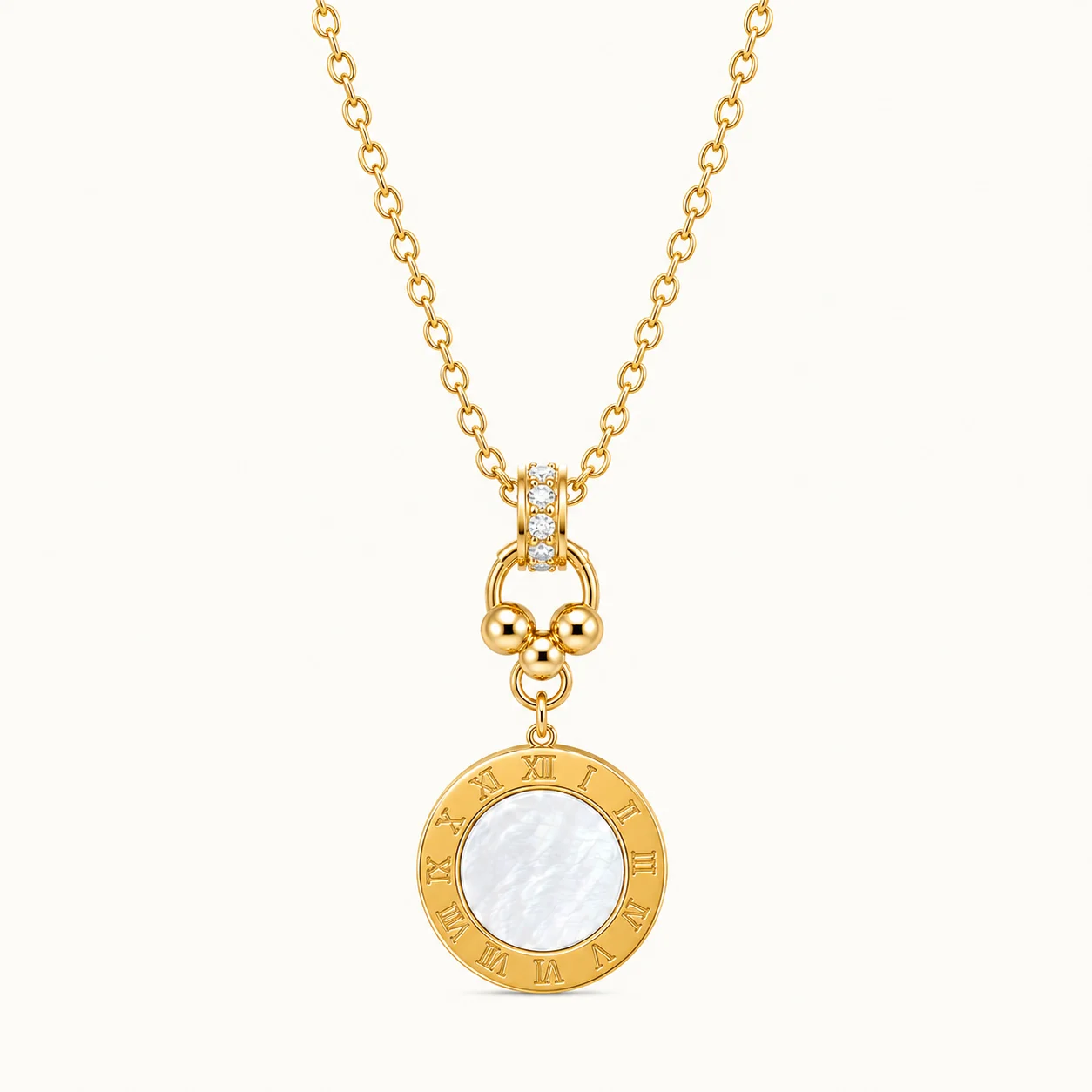 Mother of Pearl Roman Numeral Pendant Necklace in yellow gold featuring a circular Roman numeral frame, mother of pearl center, decorative gold beads, and crystal-accented bail