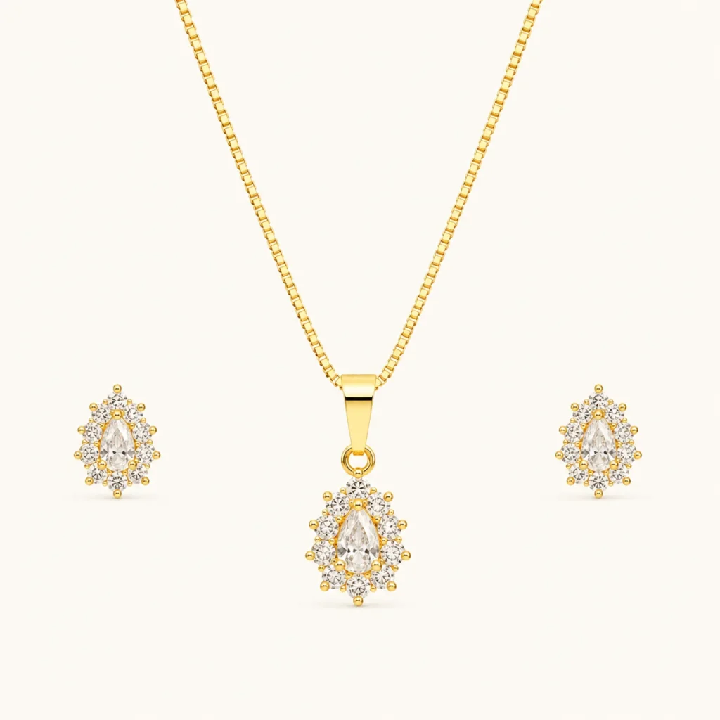 Pear Cut Crystal Jewelry Set featuring a gold pendant necklace and matching pear-shaped stud earrings with brilliant halo crystals
