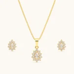 Pear Cut Crystal Jewelry Set featuring a gold pendant necklace and matching pear-shaped stud earrings with brilliant halo crystals