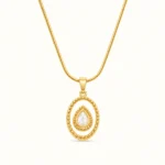 Pear Shape Pearl Gold Pendant Necklace featuring a white pear-shaped pearl centerpiece within an ornate oval gold frame with beaded detailing