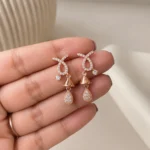 Divayra Rose Gold Bow Drop Earrings with Cubic Zirconia Stones for Women