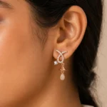 Divayra Rose Gold Bow Drop Earrings with Cubic Zirconia Stones for Women
