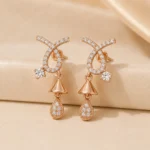 Divayra Rose Gold Bow Drop Earrings with Cubic Zirconia Stones for Women