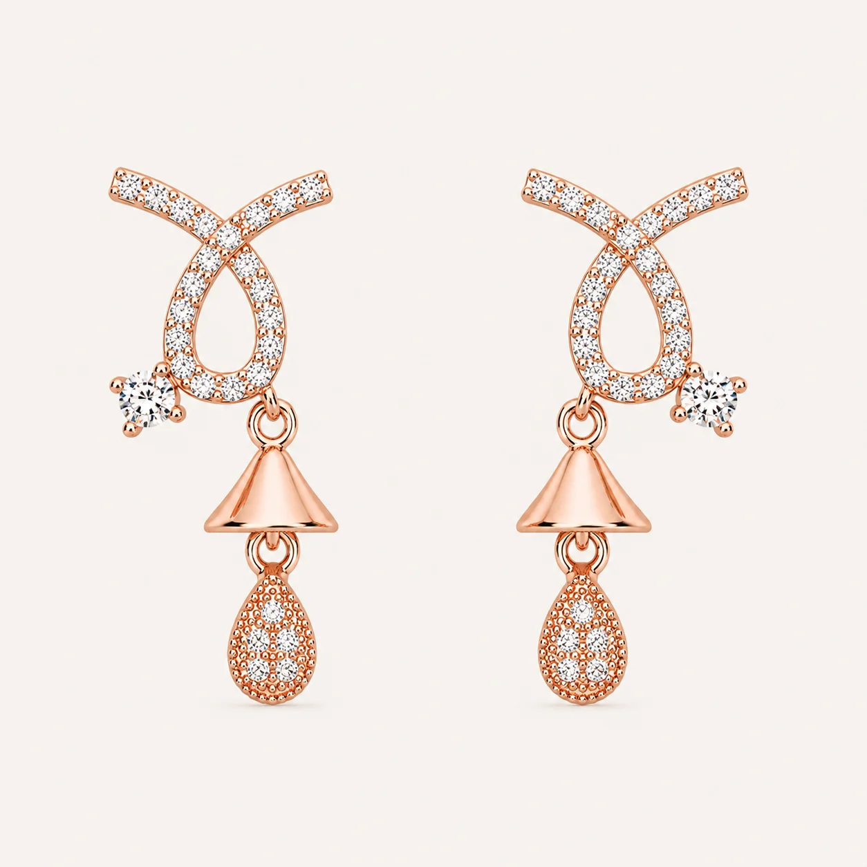 Divayra Rose Gold Bow Drop Earrings with Cubic Zirconia Stones for Women
