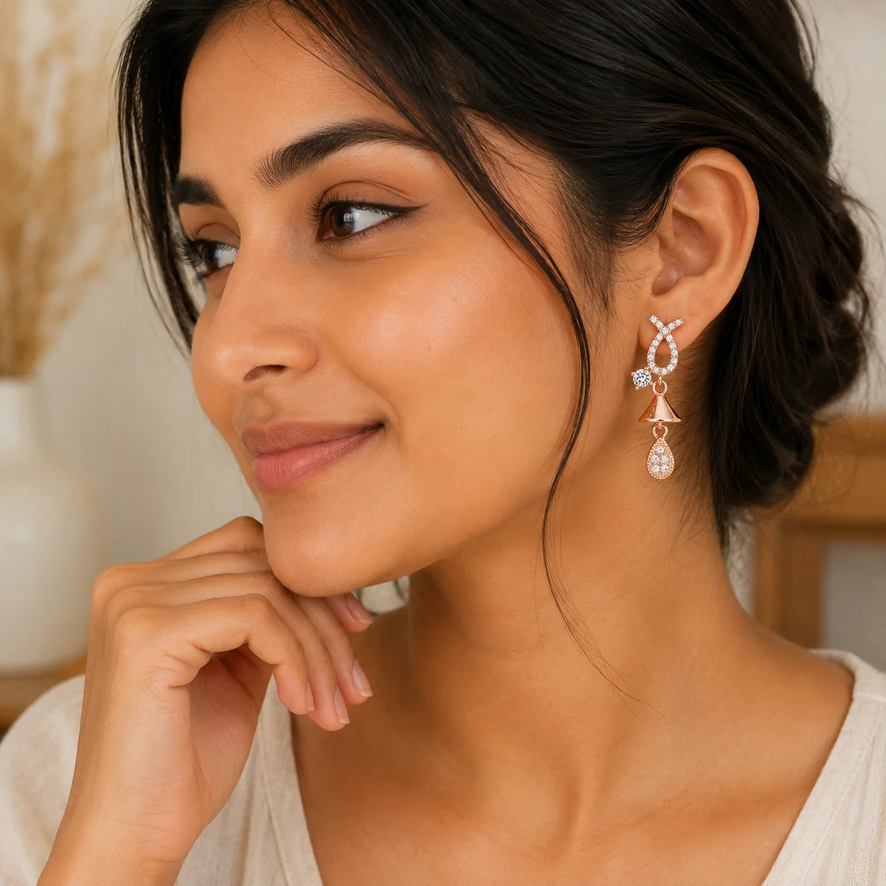 Divayra Rose Gold Bow Drop Earrings with Cubic Zirconia Stones for Women