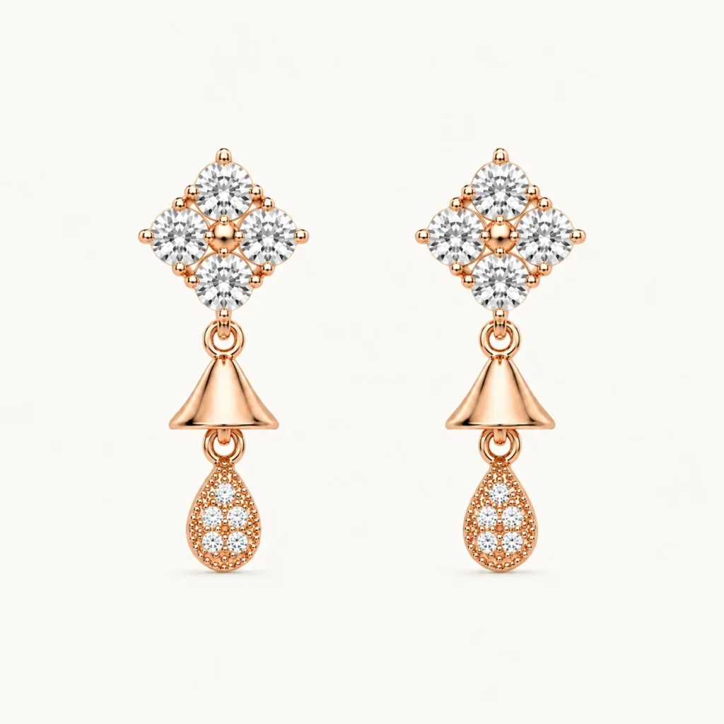 Rose Gold Floral CZ Teardrop Drop Earrings with Brilliant Cubic Zirconia Stones for Women