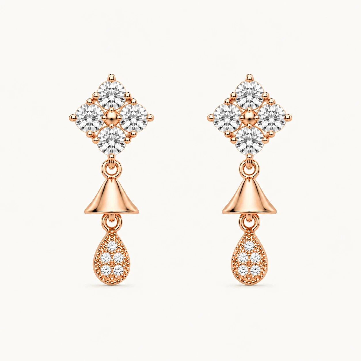 Rose Gold Floral CZ Teardrop Drop Earrings with Brilliant Cubic Zirconia Stones for Women
