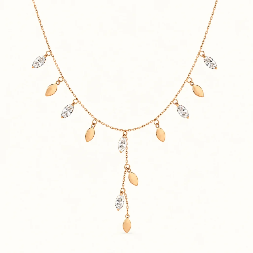 Rose Gold Leaf Drop Necklace with marquise cubic zirconia stones and cascading leaf charms in a delicate nature-inspired design