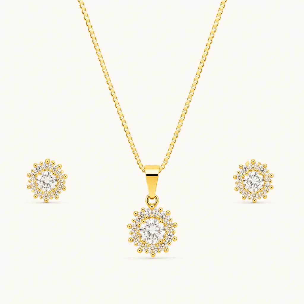 Round Halo Crystal Jewelry Set with brilliant round-cut crystal, gold finish, matching halo stud earrings, elegant bridal and party jewelry.