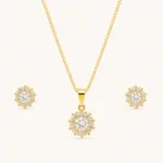 Round Halo Crystal Jewelry Set with brilliant round-cut crystal, gold finish, matching halo stud earrings, elegant bridal and party jewelry.