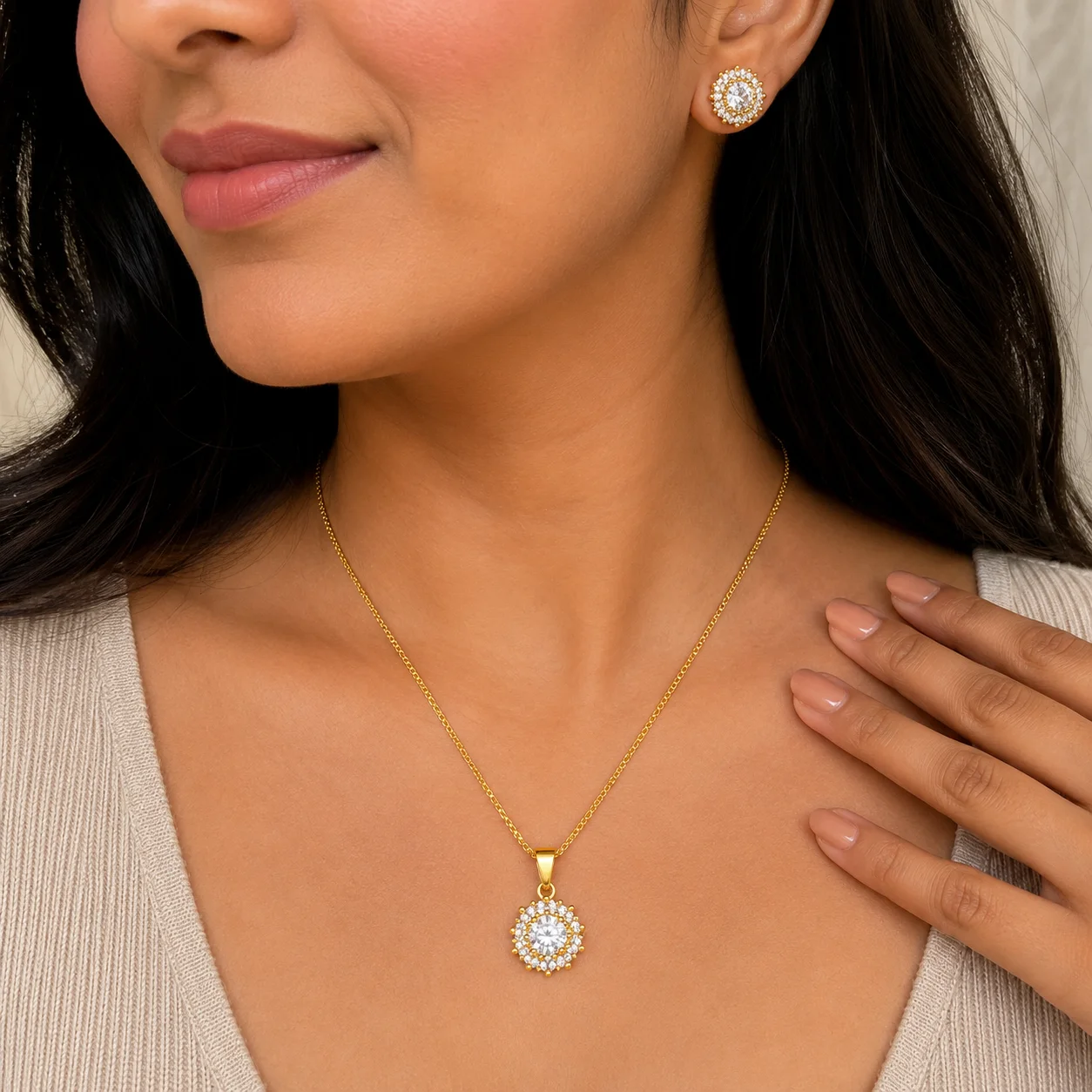 Round Halo Crystal Jewelry Set with brilliant round-cut crystal, gold finish, matching halo stud earrings, elegant bridal and party jewelry.