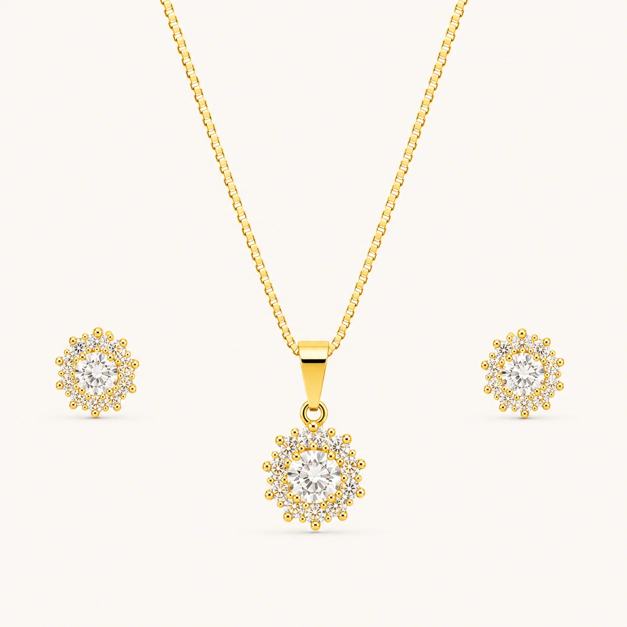 Round Halo Crystal Jewelry Set with brilliant round-cut crystal, gold finish, matching halo stud earrings, elegant bridal and party jewelry.