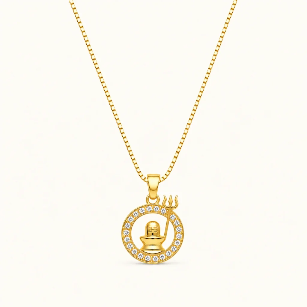 Shivling Trishul Gold Pendant necklace with sparkling white stones and circular halo design in yellow gold finish