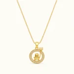 Shivling Trishul Gold Pendant necklace with sparkling white stones and circular halo design in yellow gold finish