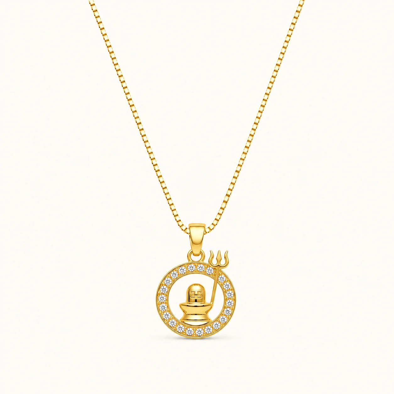 Shivling Trishul Gold Pendant necklace with sparkling white stones and circular halo design in yellow gold finish