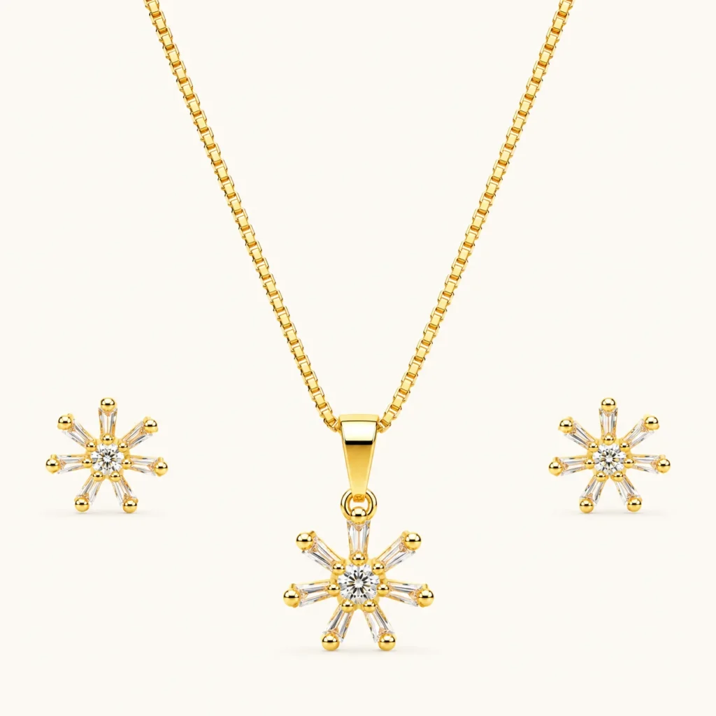 Sunburst CZ Jewelry Set in gold finish featuring a radiant cubic zirconia pendant with baguette-cut rays and matching stud earrings.