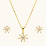 Sunburst CZ Jewelry Set in gold finish featuring a radiant cubic zirconia pendant with baguette-cut rays and matching stud earrings.