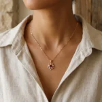 Floral Pendant Necklace with Red Gemstone and CZ - Image 4
