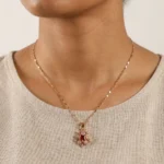 Floral Pendant Necklace with Red Gemstone and CZ - Image 2