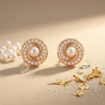 Divayra Rose Gold Pearl Halo Earrings with Cubic Zirconia and Pearl Center for Women