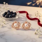 Divayra Rose Gold Pearl Stud Earrings with Cubic Zirconia and Pearl Center for Women