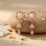 Divayra Rose Gold Pearl Drop Earrings with Cubic Zirconia and Elegant Pearl Center for Women