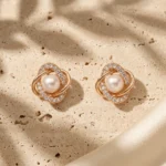 Divayra Rose Gold Pearl Stud Earrings with Cubic Zirconia and Pearl Center for Women